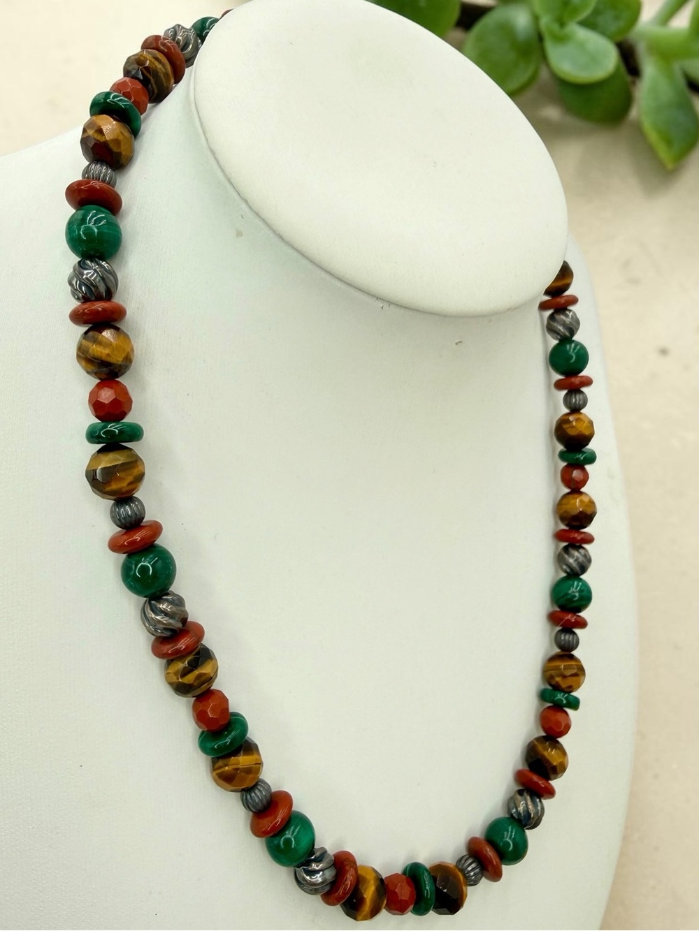 Carolyn Pollack Relios 925 Tiger Eye Malachite Jasper Necklace 16”-20” 38gr Boho